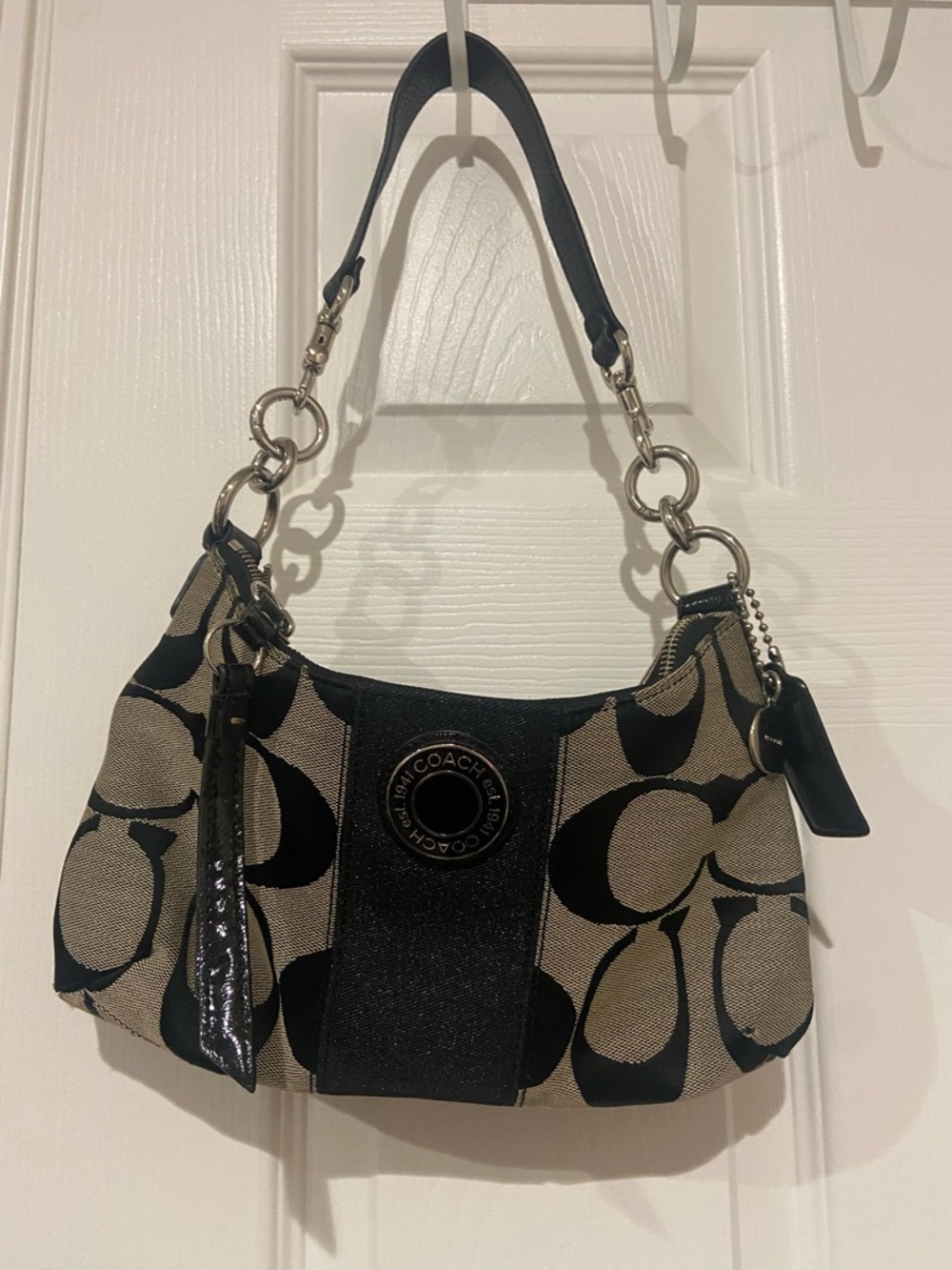Coach Black and Khaki Signature Canvas Shoulder Bag with Gloss Accents